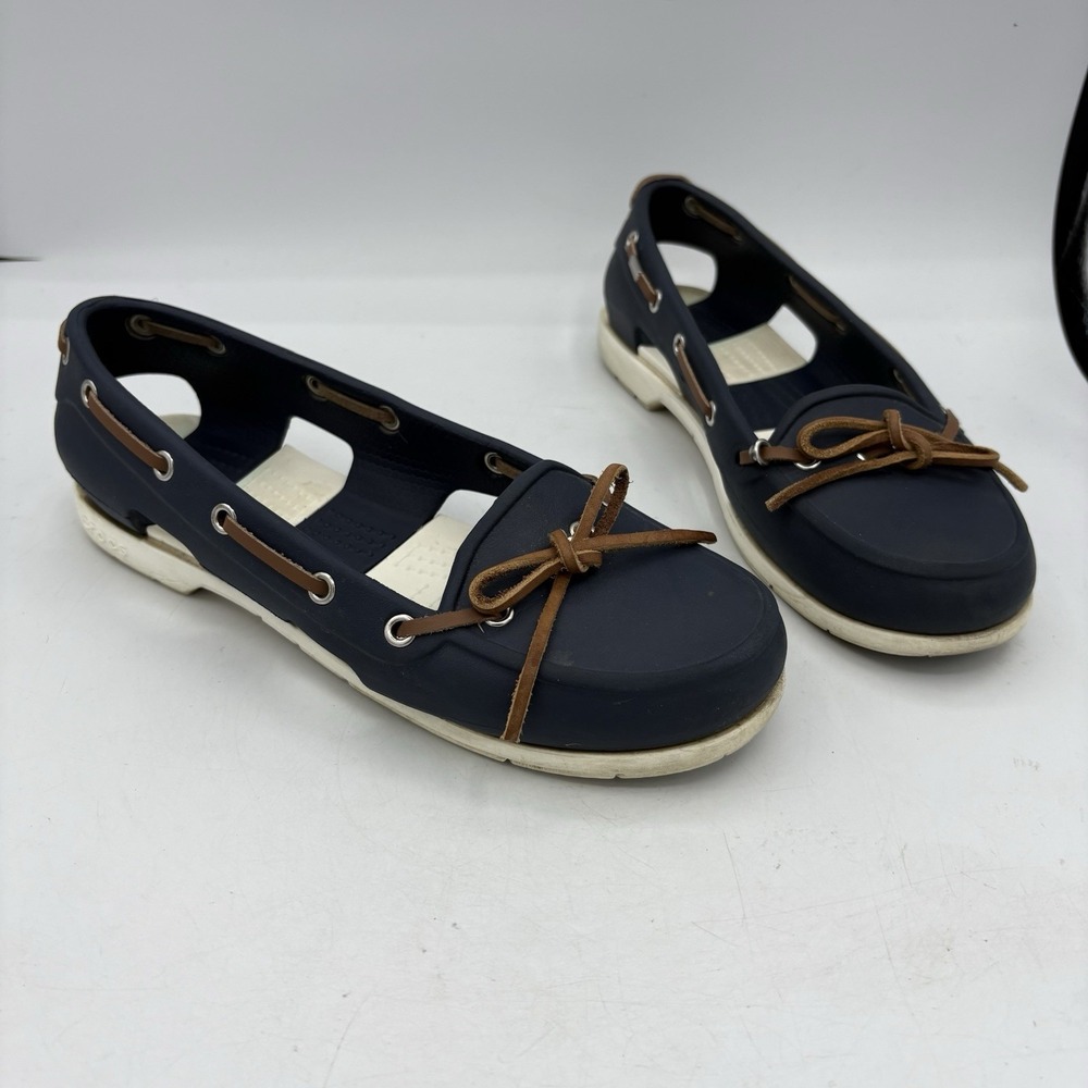 Crocs Shoes‎ Womens Size 6 Beach Line Boat Navy Blue White Loafer Tie Slip On